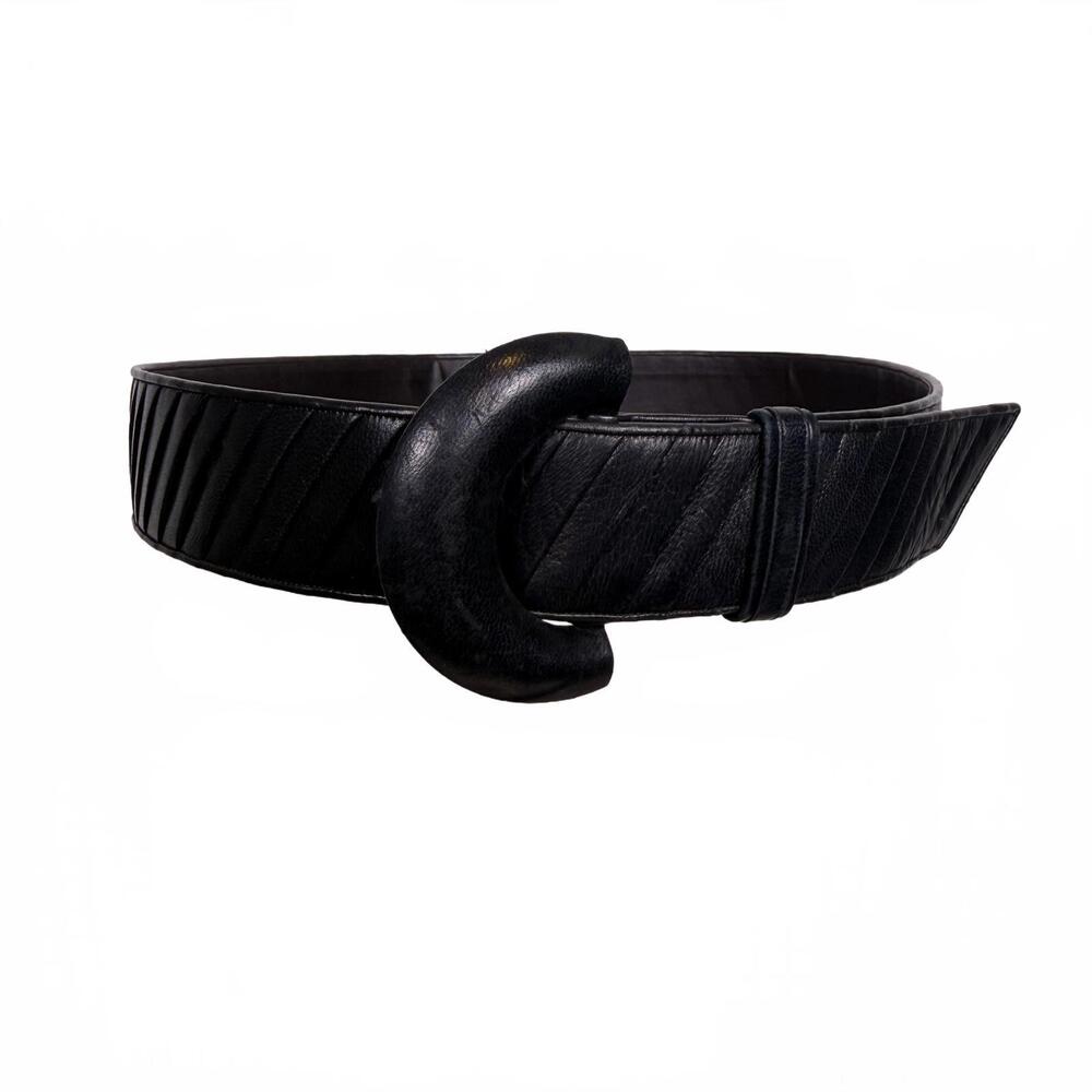 Emanuel Ungaro Vintage 80s Black Ruched Leather Wide Belt Sculptural Buckle Sz 0